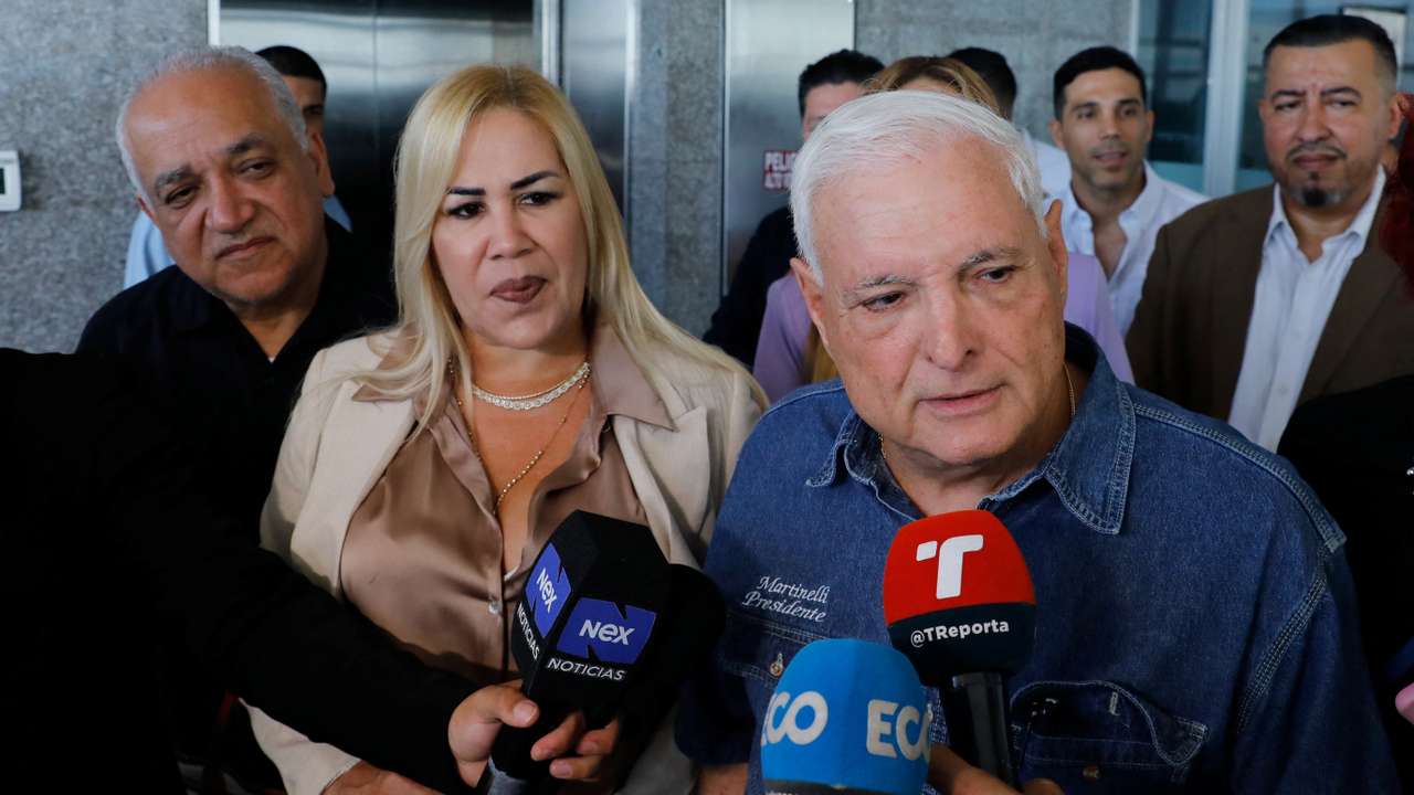 Panama's former President Ricardo Martinelli addresses the media while leaving the National Assembly, in Panama City