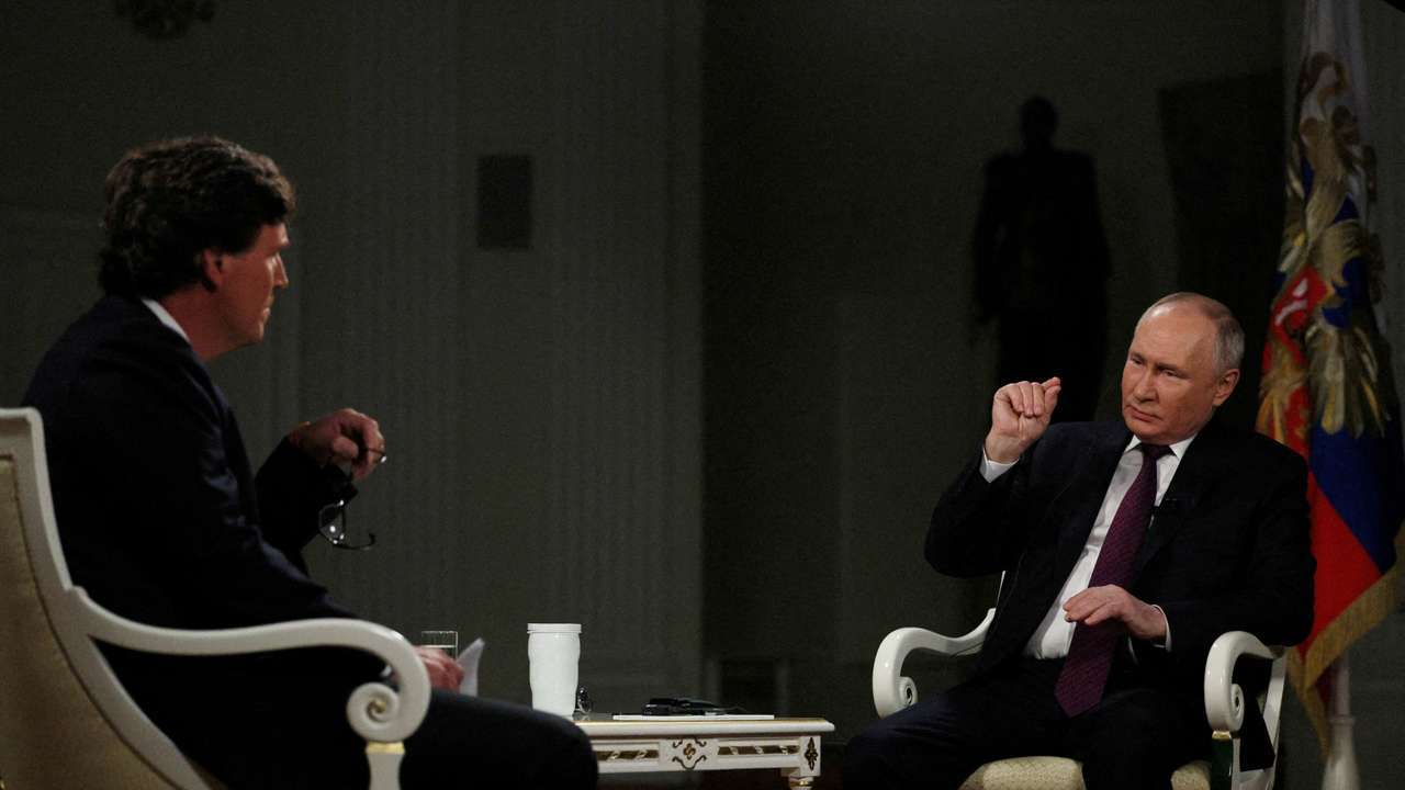FILE PHOTO: Russian President Vladimir Putin gives interview to U.S. television host Tucker Carlson in Moscow