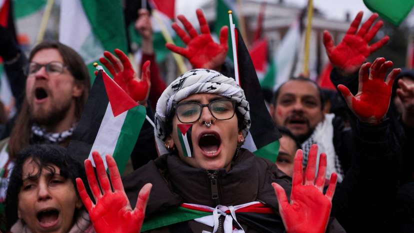 FILE PHOTO: Protests near the ICJ in the Hague as Israel and South Africa face each other in the Gaza genocide case