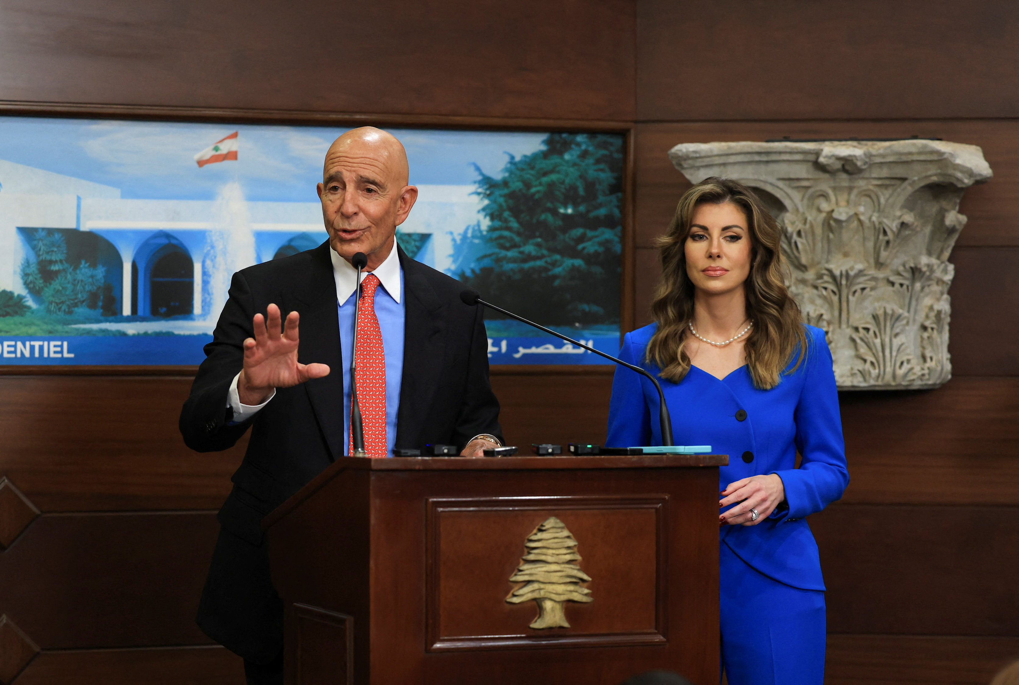 U.S. special envoy for Syria Thomas Barrack speaks after meeting with Lebanese President Joseph Aoun, in Baabda