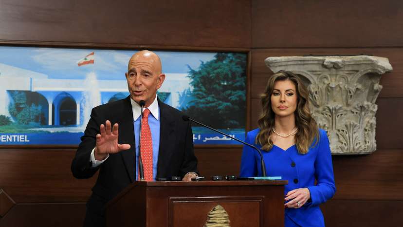 U.S. special envoy for Syria Thomas Barrack speaks after meeting with Lebanese President Joseph Aoun, in Baabda