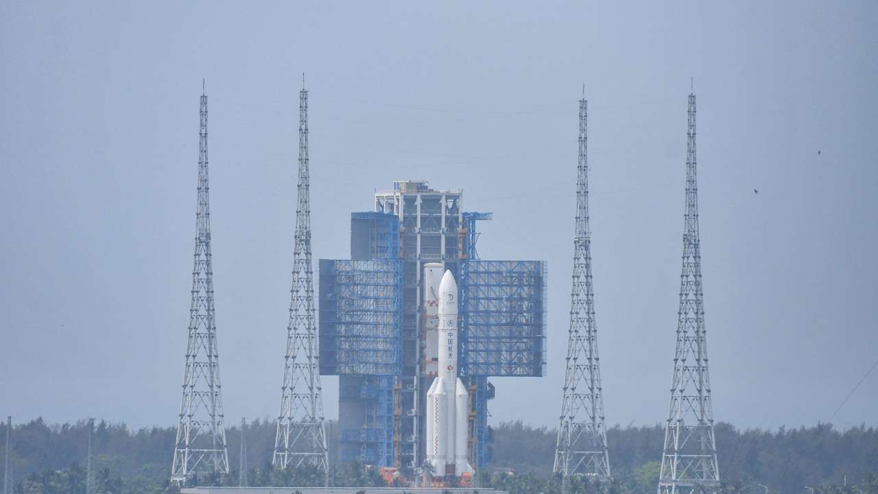 The Chang'e 6 lunar probe and the Long March-5 Y8 carrier rocket combination sit atop the launch pad at the Wenchang Space Launch Site in Hainan