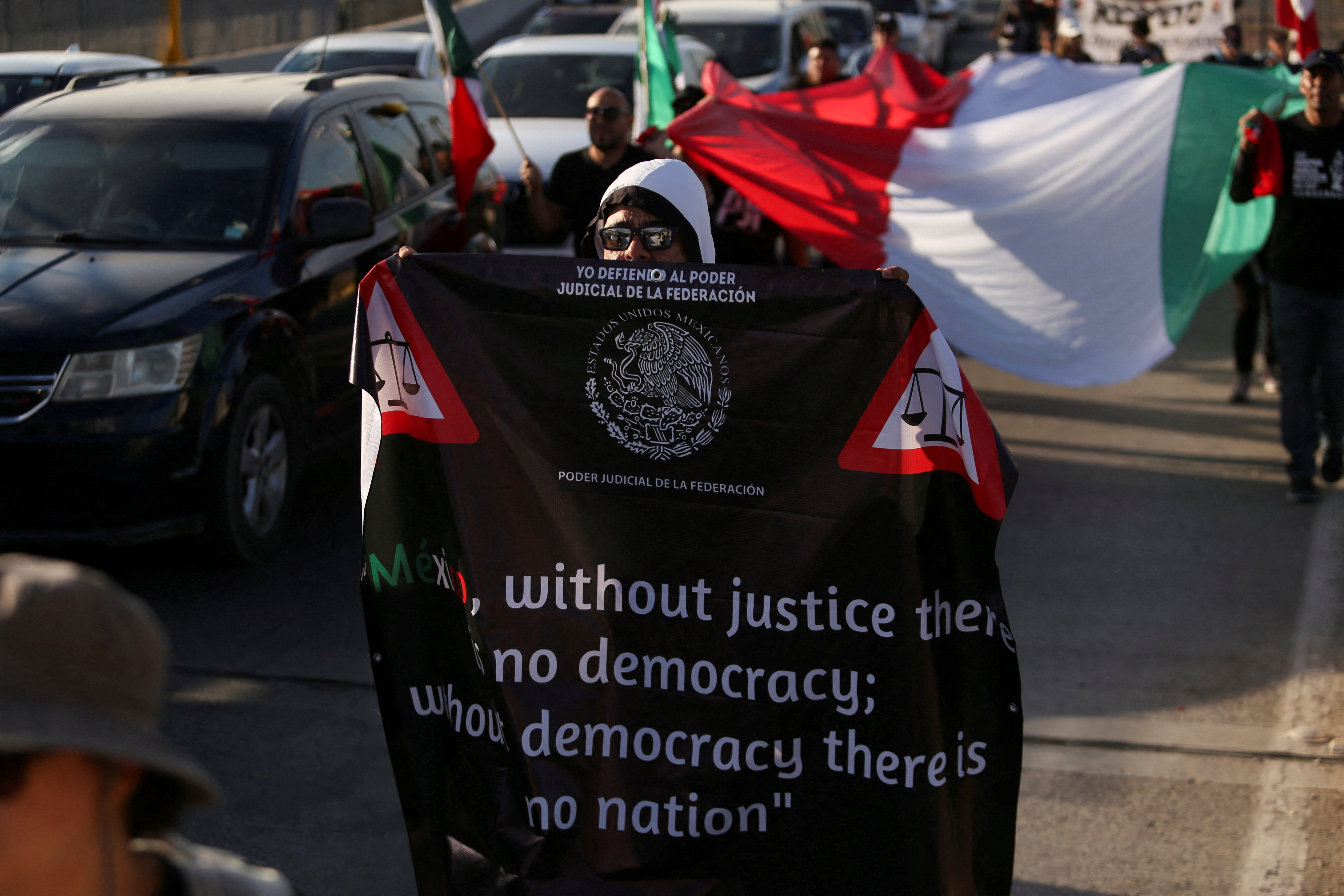 Mexican judiciary employees block border crossing in protest of judicial overhaul, in Ciudad Juarez
