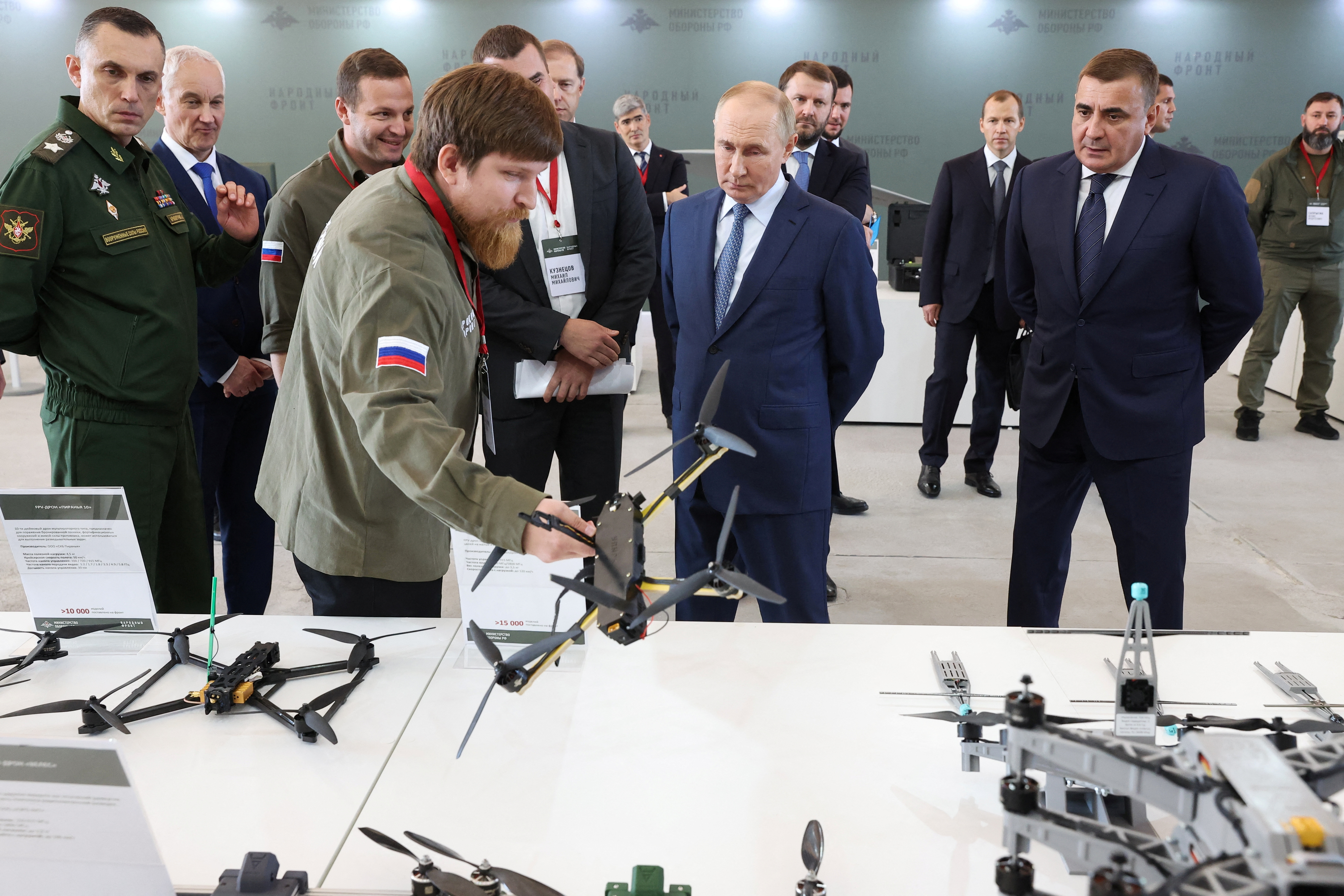 Russia's President Vladimir Putin visits a drone production facility in Saint Petersburg