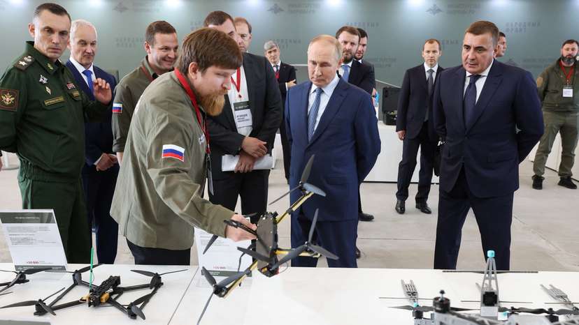 Russia's President Vladimir Putin visits a drone production facility in Saint Petersburg