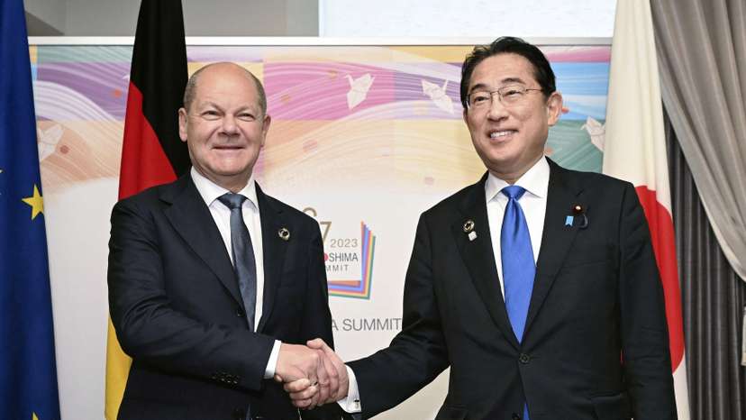 German Chancellor Olaf Scholz holds a bilateral meeting with Japan's Prime Minister Fumio Kishida on the sideline of the G7 leaders' summit in Hiroshima