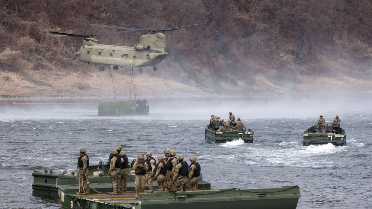 U.S. and South Korean forces participate in river-crossing exercise as part of the annual Freedom Shield military drills, in Yeoncheon