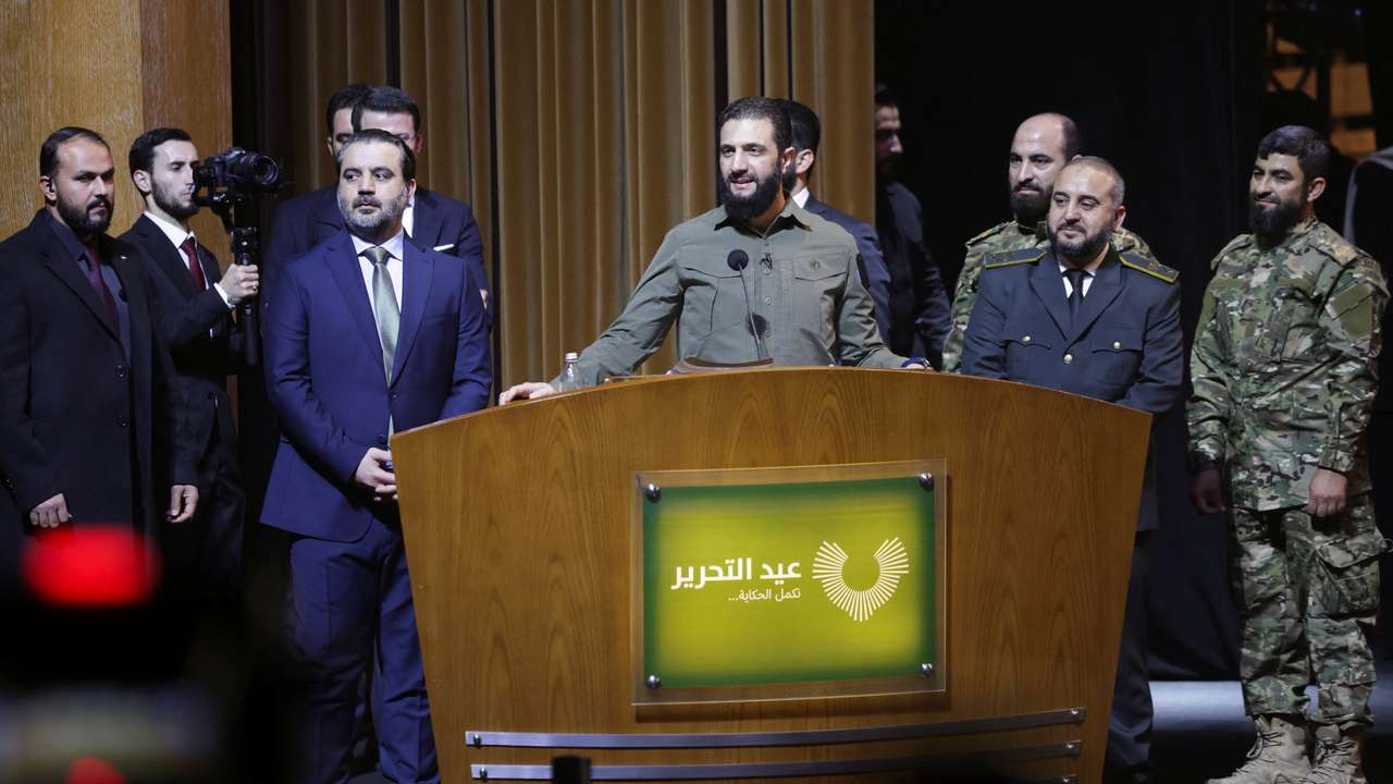 Syria's President Ahmed al-Sharaa delivers a speech on the first anniversary of Bashar al-Assad's fall