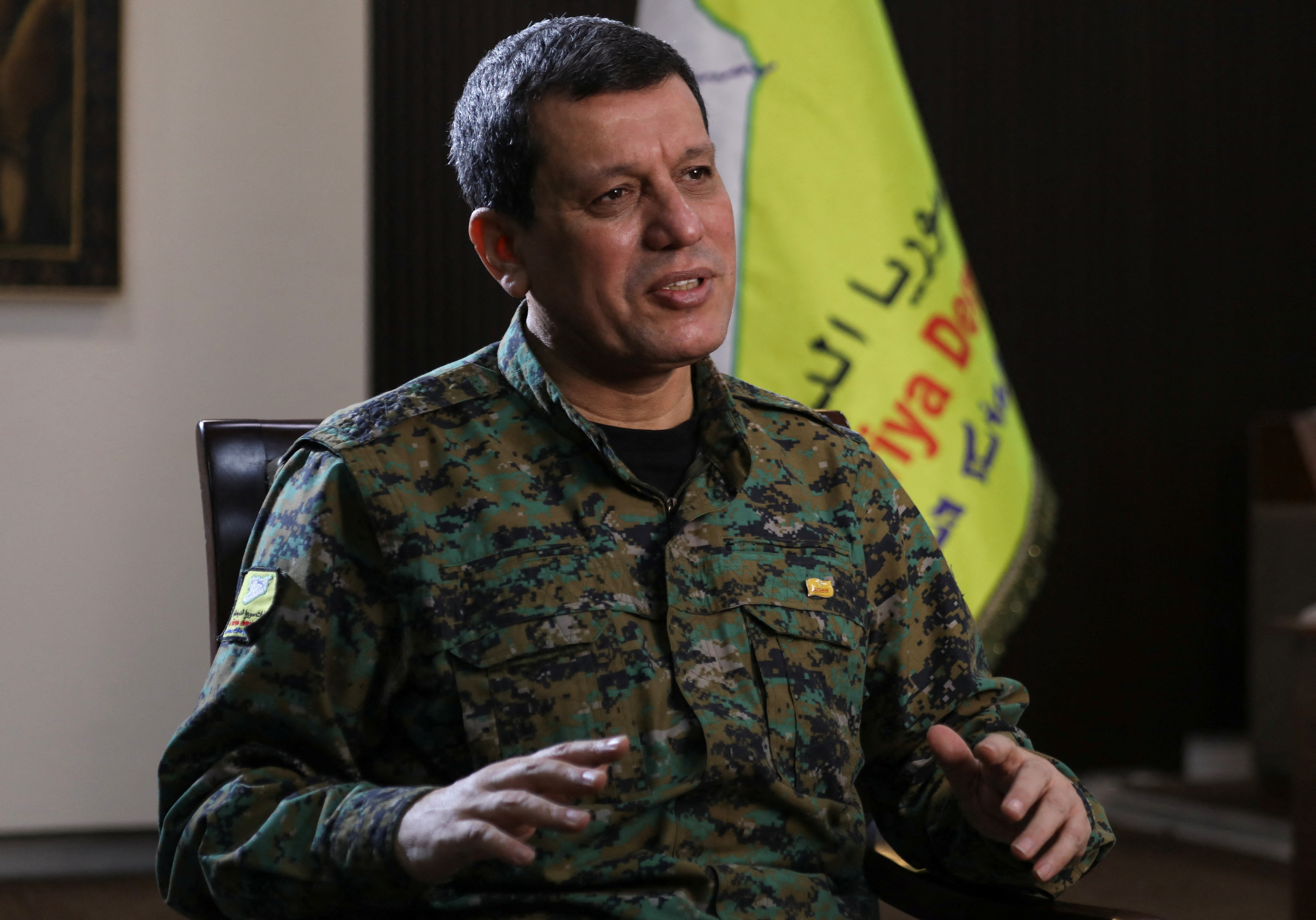 Commander of Syrian Kurdish-led forces Mazloum Abdi, attends an interview with Reuters in Hasakah