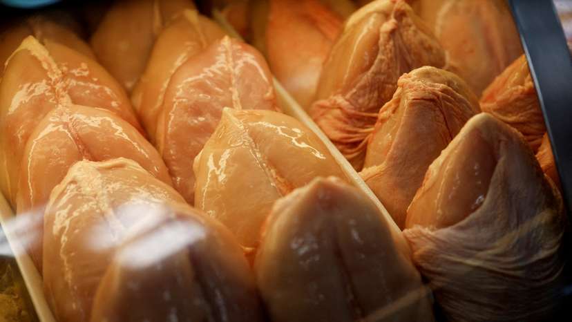 Chicken is displayed in a fridge in a market in Sao Paulo