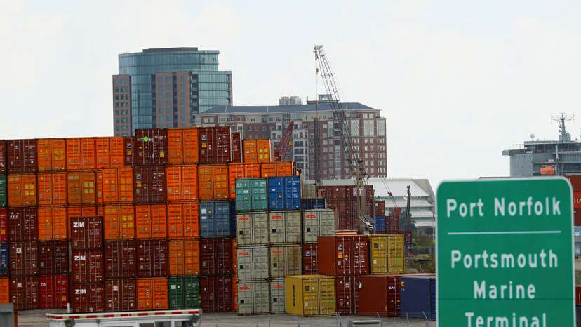 Containers are stacked at the Portsmouth Marine Terminal