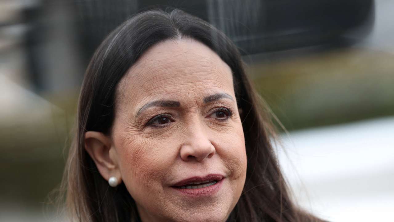 Venezuelan opposition leader Maria Corina Machado speaks with the media in Washington