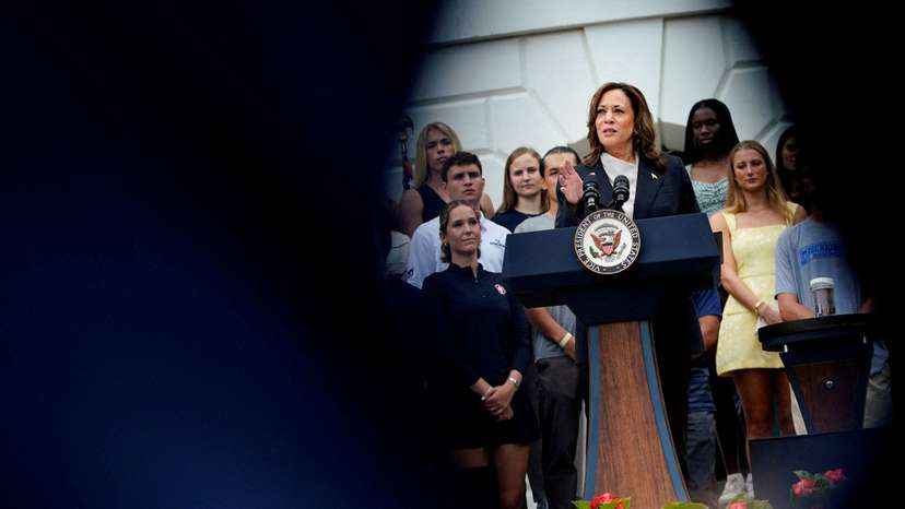 FILE PHOTO: U.S. Vice President Kamala Harris delivers remarks to the women and men's National Collegiate Athletic Association (NCAA) Champion teams at the White House in Washington