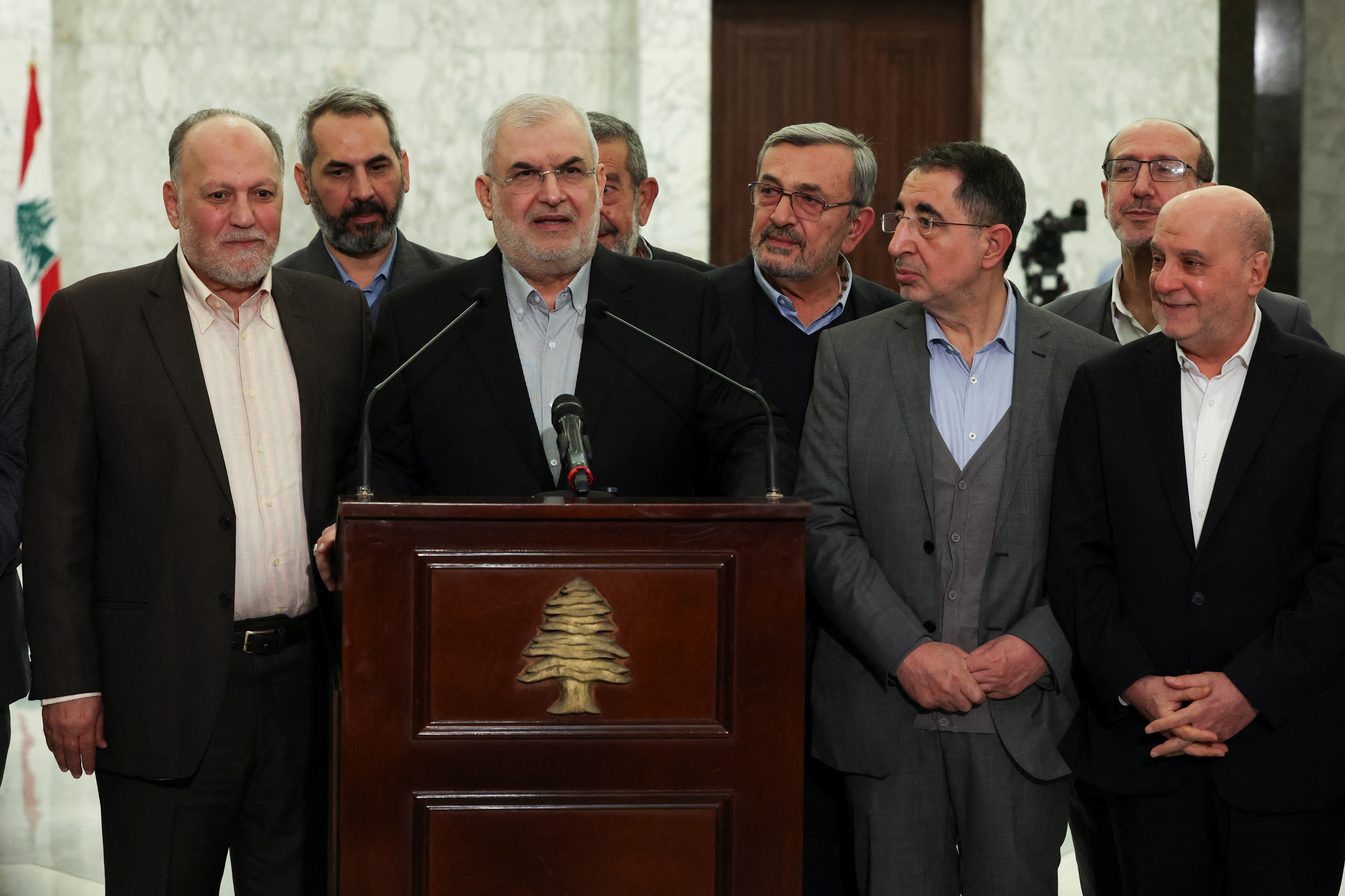 Hezbollah lawmaker Mohammad Raad speaks after meeting with Lebanese President Joseph Aoun at the presidential palace in Baabda