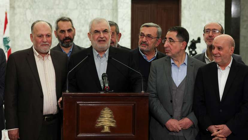 Hezbollah lawmaker Mohammad Raad speaks after meeting with Lebanese President Joseph Aoun at the presidential palace in Baabda