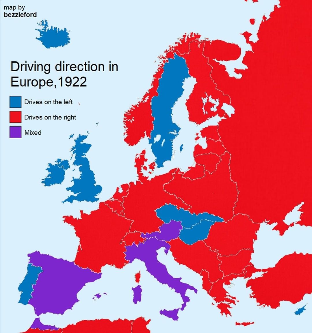 Map shows which side of the road people in Europe drove on in 1922. Today, the only countries that still drive on the left are- UK, Ireland, Cyprus, Malta, Isle of Man, Jersey and Guernsey.But a lot of these count