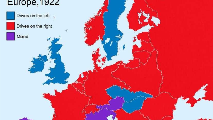 Map shows which side of the road people in Europe drove on in 1922. Today, the only countries that still drive on the left are- UK, Ireland, Cyprus, Malta, Isle of Man, Jersey and Guernsey.But a lot of these count