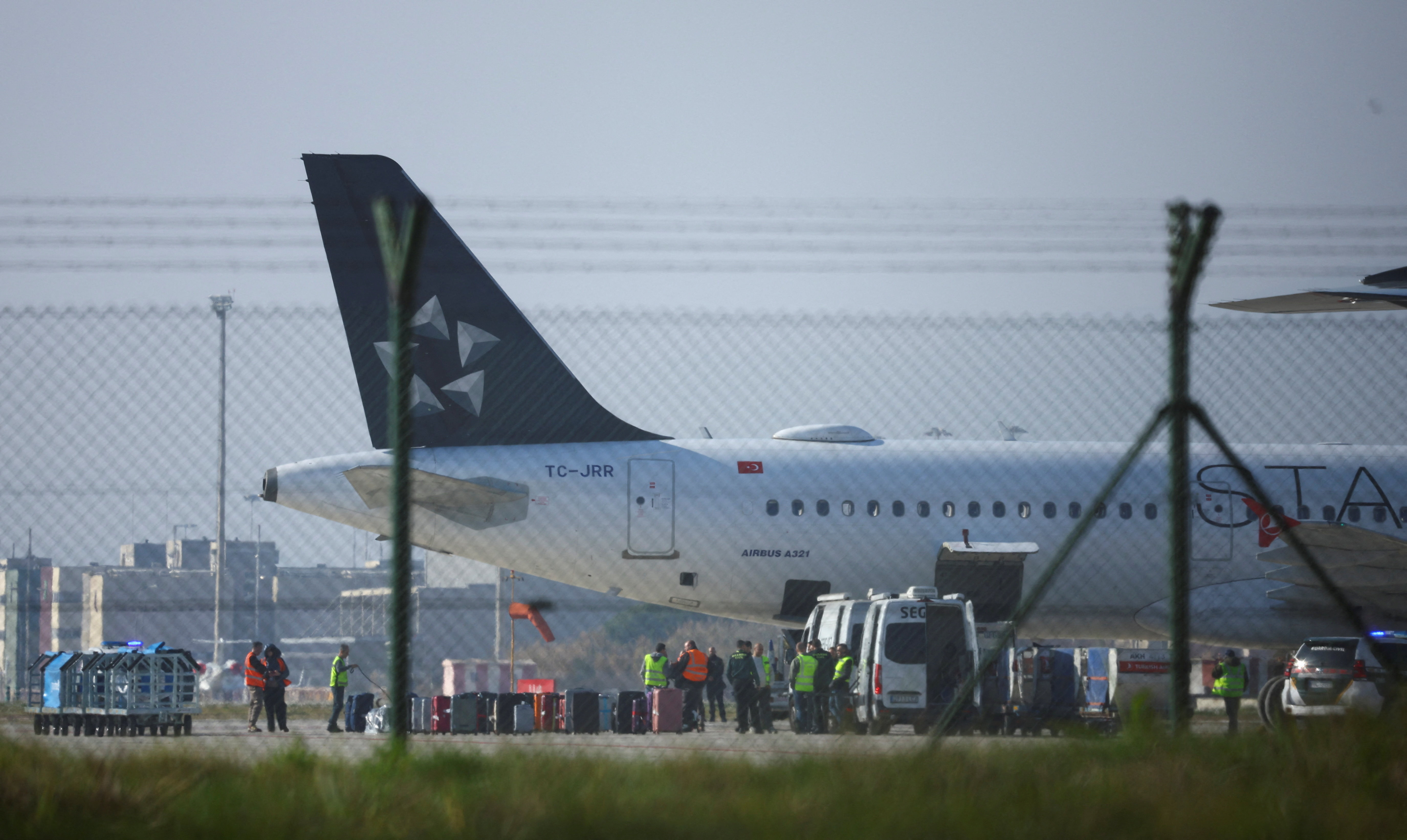 A Turkish Airlines plane is inspected by police after a false bomb threat