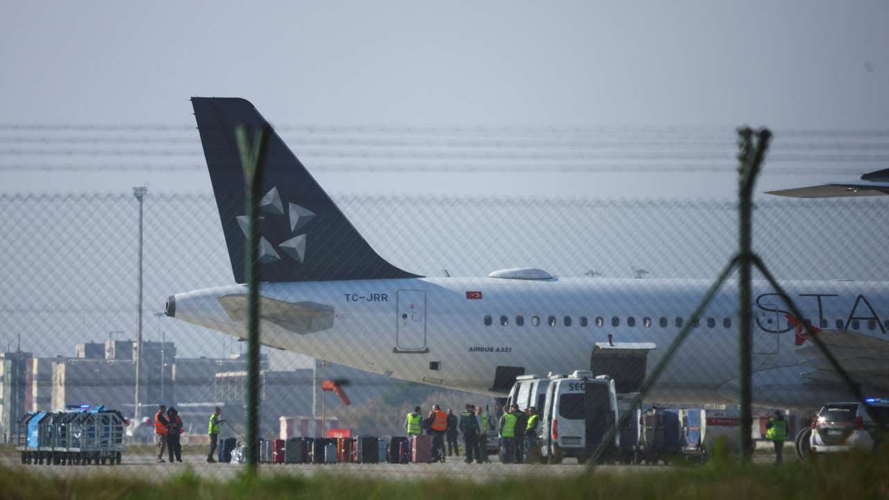 A Turkish Airlines plane is inspected by police after a false bomb threat