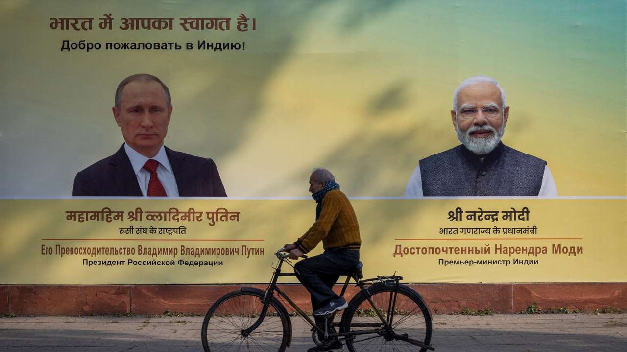 Hoardings are installed ahead of Russian President Vladimir Putin's visit in New Delhi