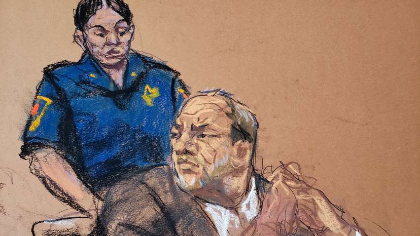FILE PHOTO: Harvey Weinstein watches as Jessica Mann makes a statement during the sentencing following his conviction on sexual assault and rape charges