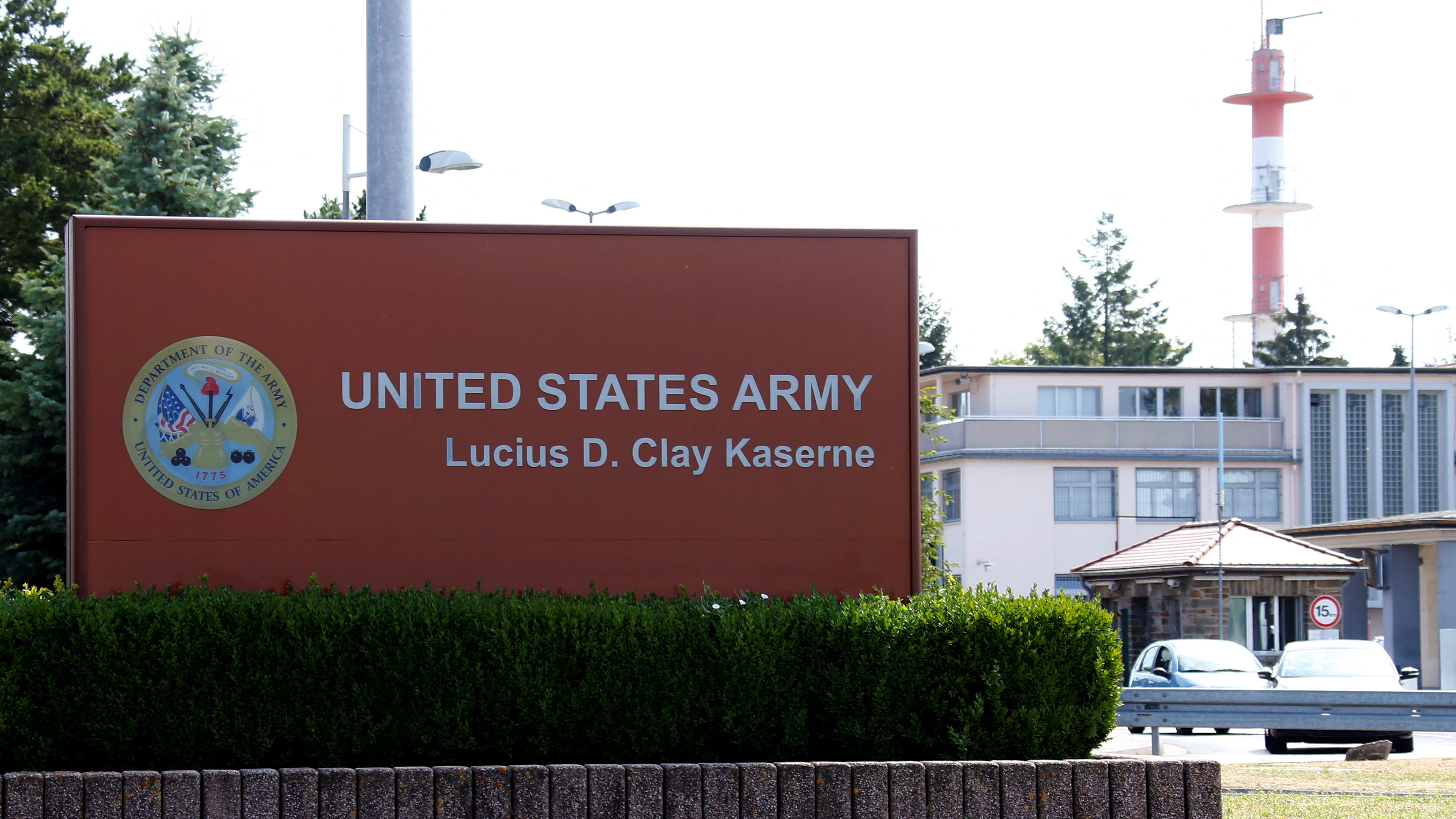 FILE PHOTO: The sign in front of the main entrance of the United States Army's European headquarters is pictured in Wiesbaden's Erbenheim district