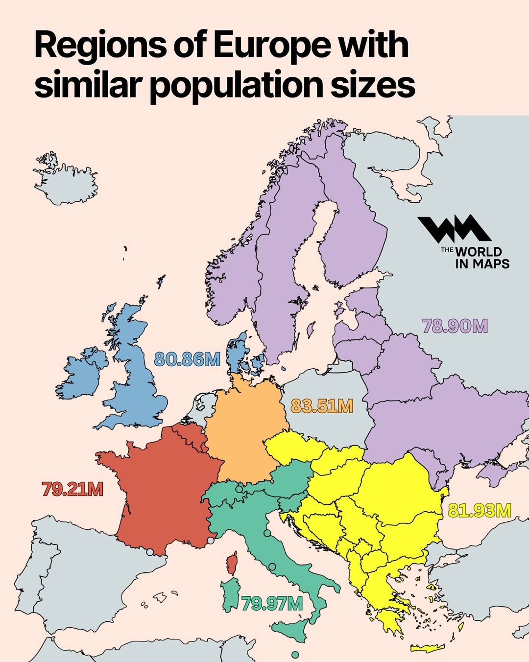 This map groups European regions with similar population sizes, each around 80 million inhabitan