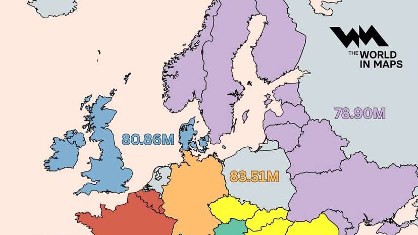 This map groups European regions with similar population sizes, each around 80 million inhabitan