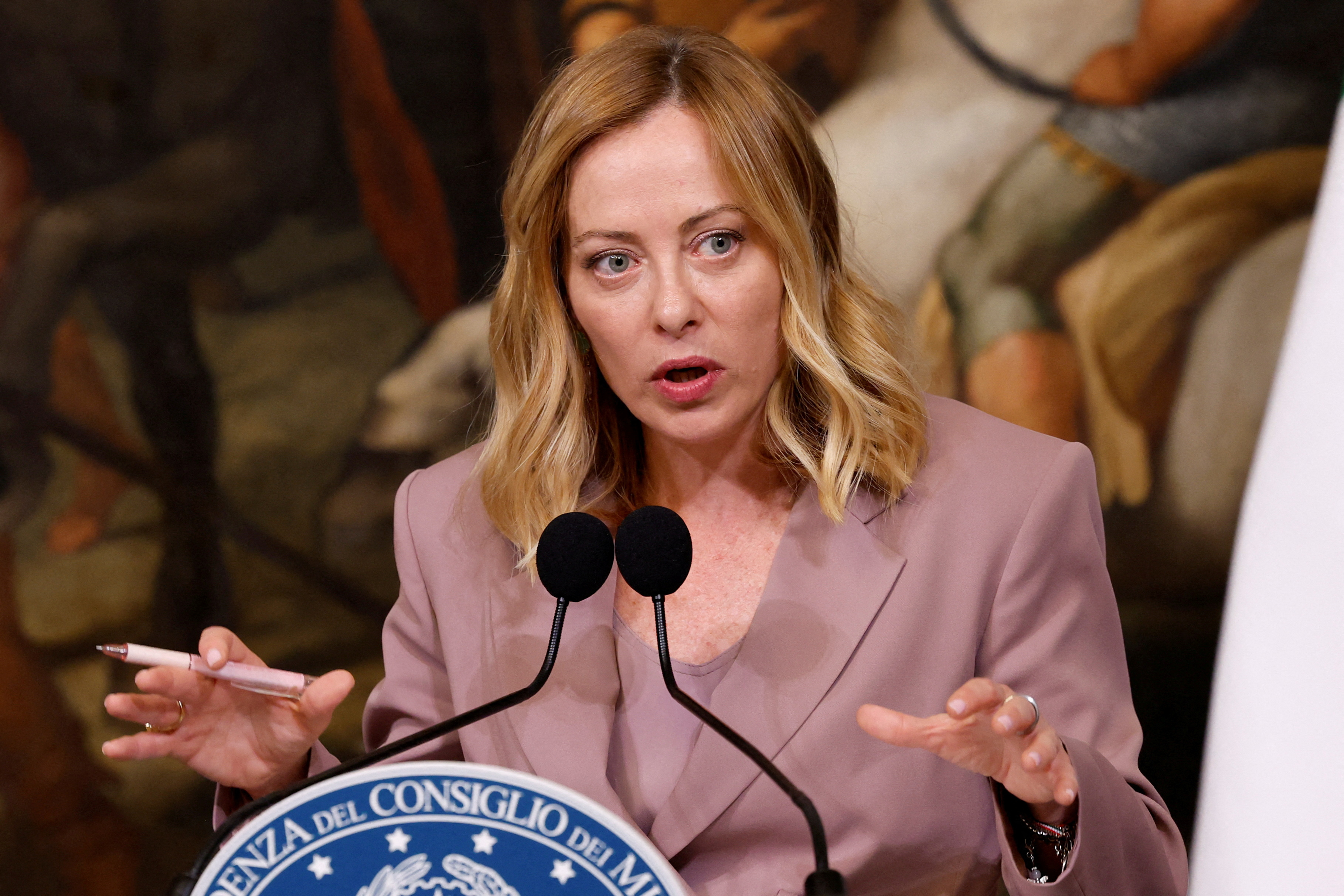 FILE PHOTO: Italian Prime Minister Giorgia Meloni attends a press conference at Chigi Palace in Rome, Italy,