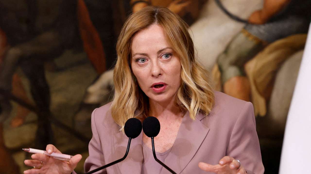 FILE PHOTO: Italian Prime Minister Giorgia Meloni attends a press conference at Chigi Palace in Rome, Italy,