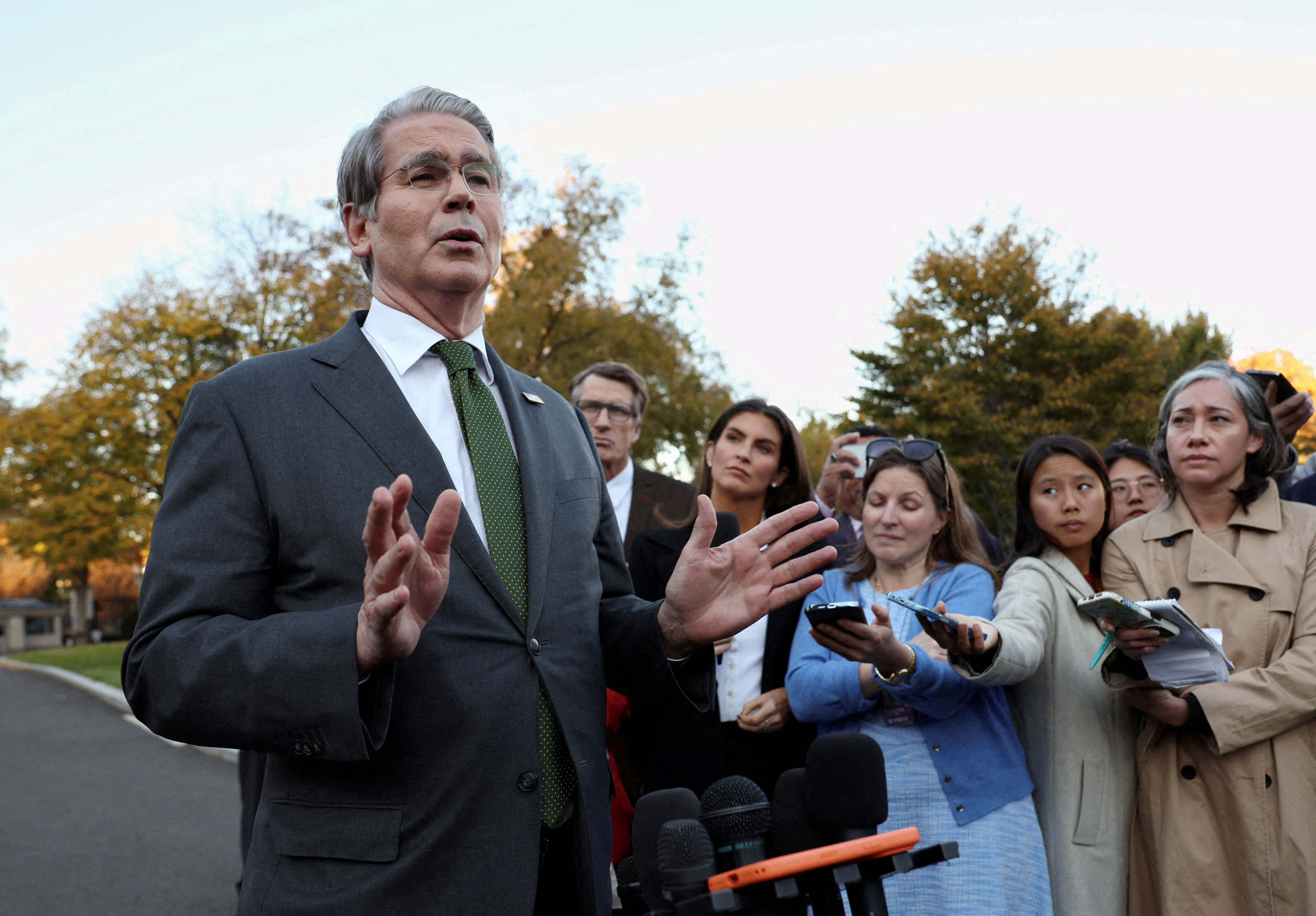 FILE PHOTO: Scott Bessent speaks at the White House in Washington