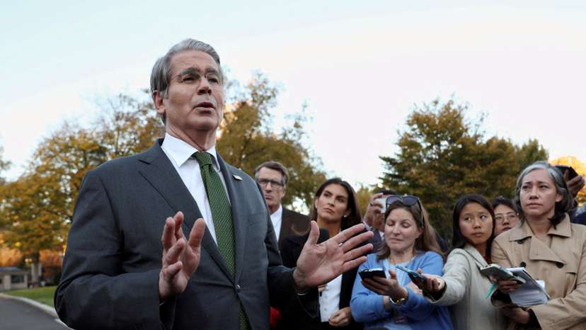 FILE PHOTO: Scott Bessent speaks at the White House in Washington