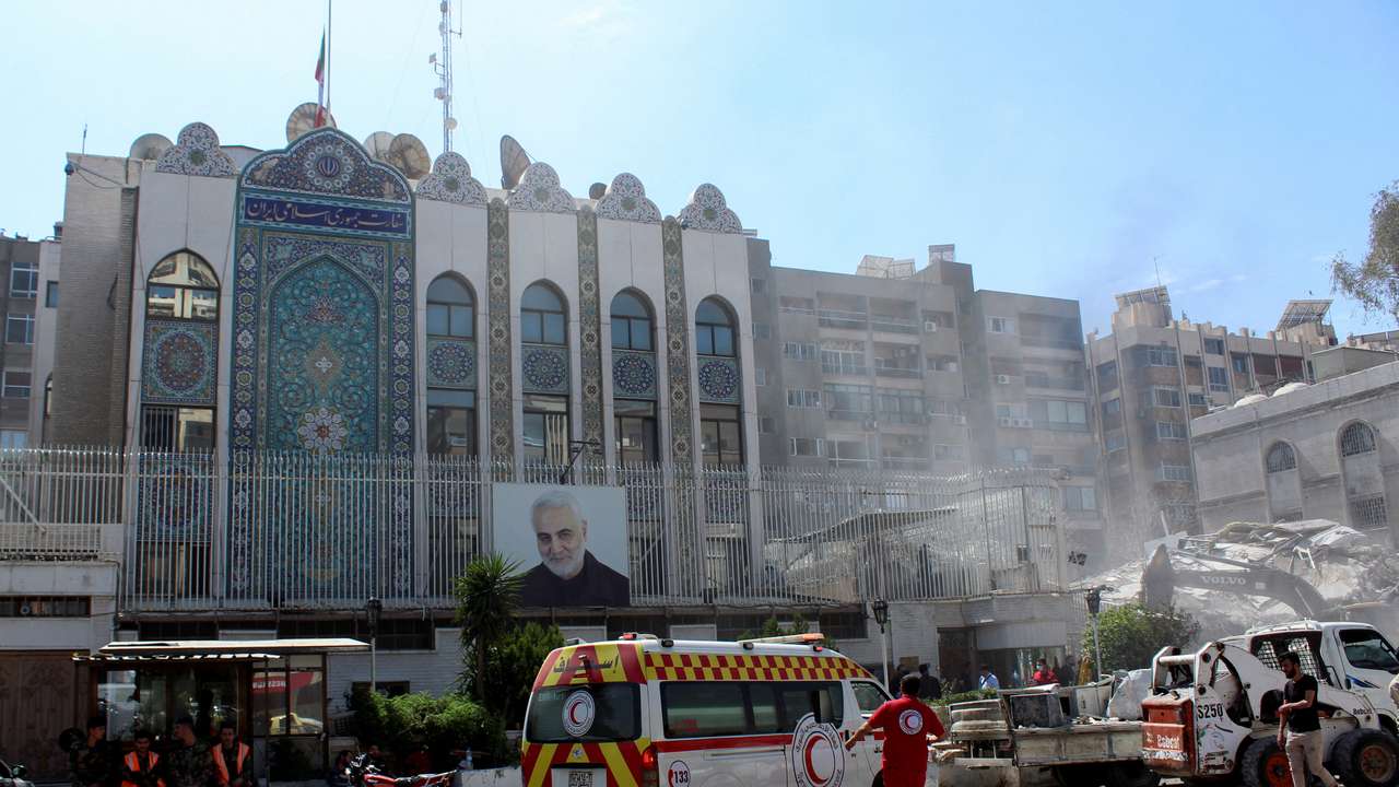 FILE PHOTO: An ambulance is parked outside the Iranian embassy in Damascus