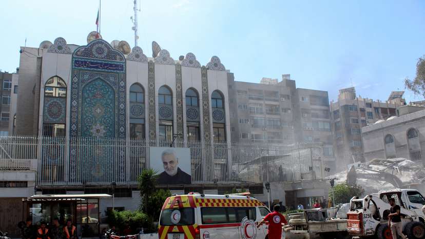 FILE PHOTO: An ambulance is parked outside the Iranian embassy in Damascus