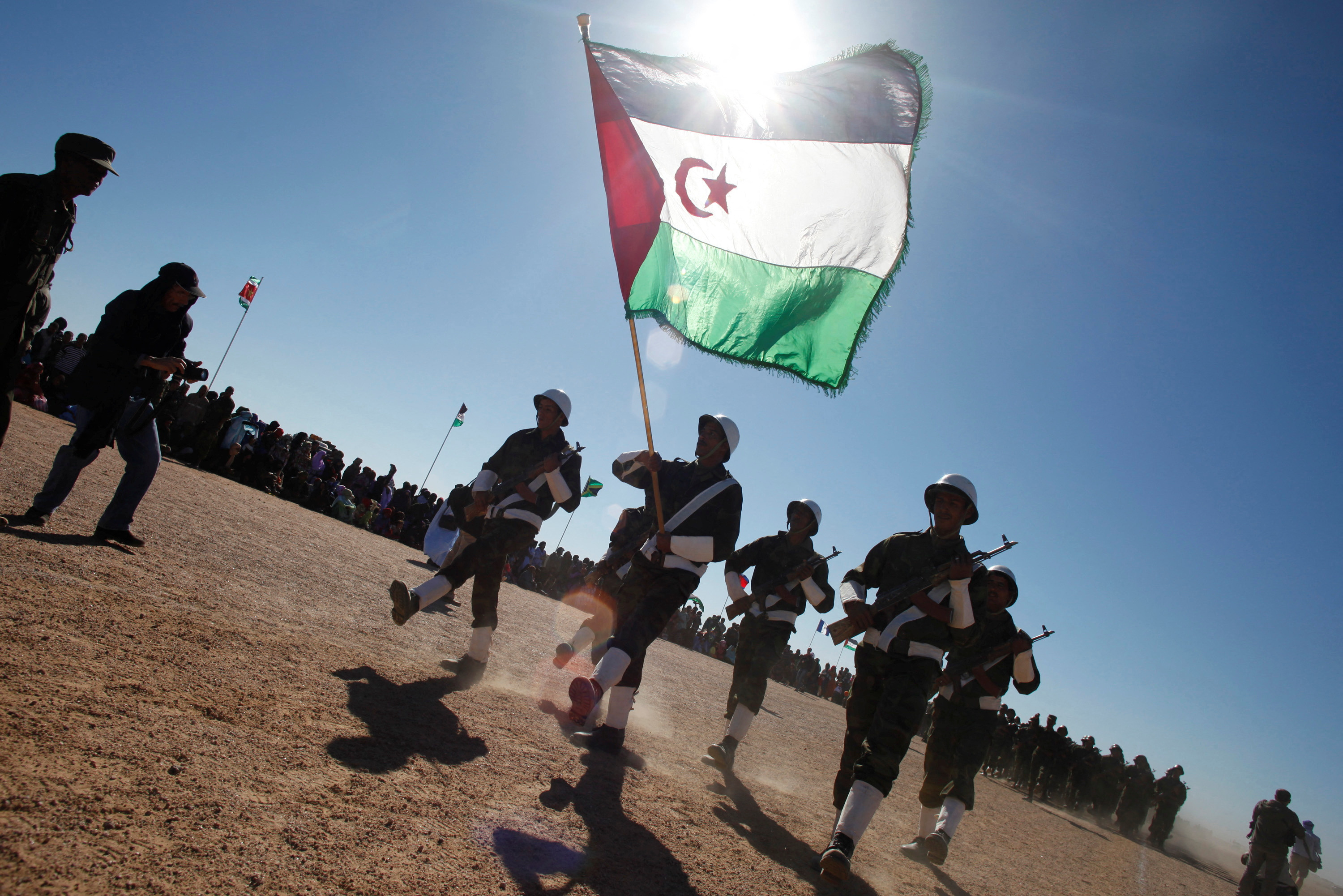 FILE PHOTO: Polisario Front soldiers parade during celebrations for the 35th anniversary of the group's independence movement for control of Western Sahara from Morocco