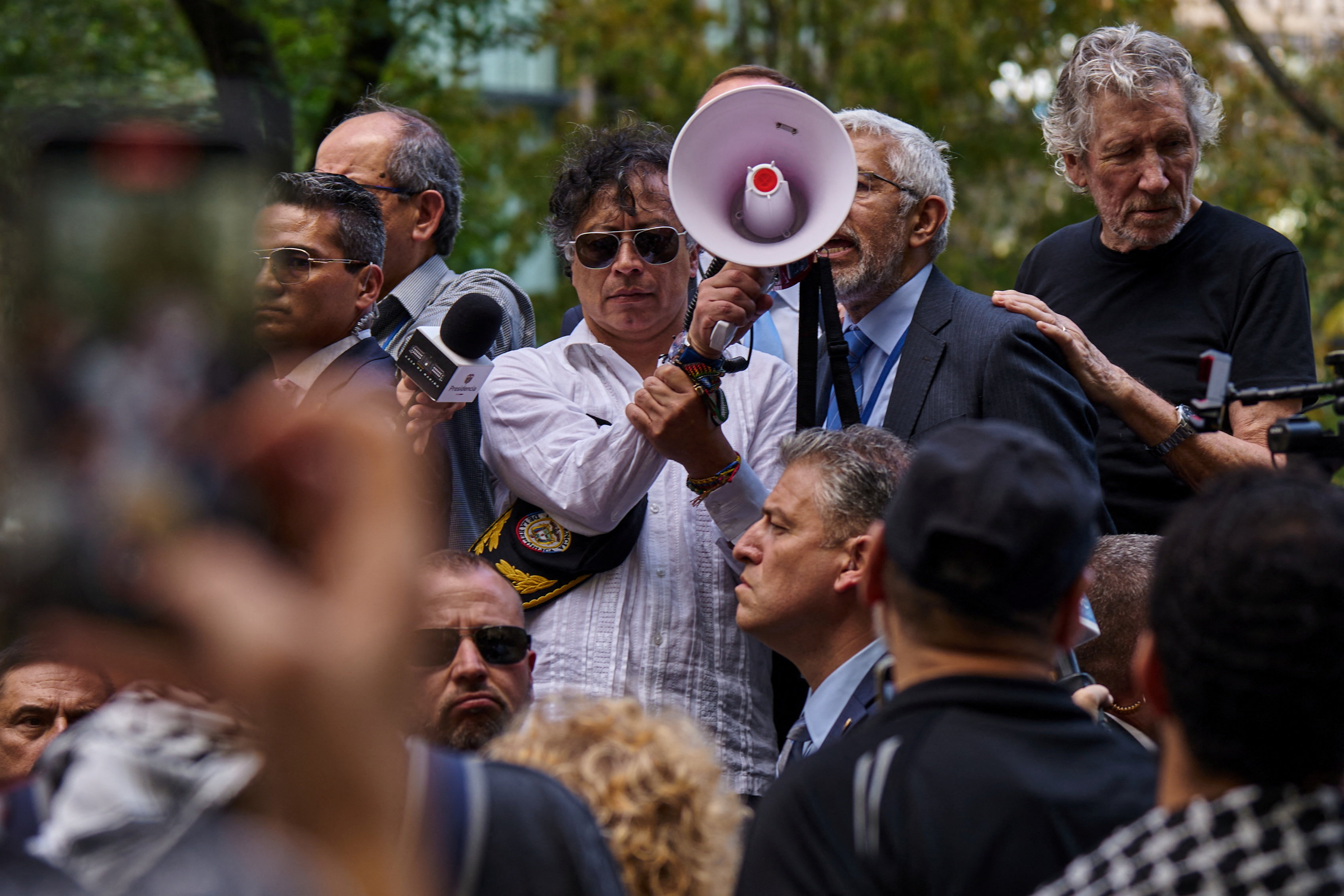 Colombian President Gustavo Petro addresses pro-Palestinian demonstrators during the 80th U.N. General Assembly, in New York City