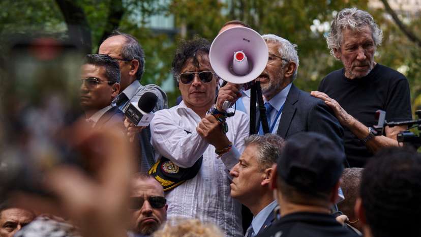 Colombian President Gustavo Petro addresses pro-Palestinian demonstrators during the 80th U.N. General Assembly, in New York City