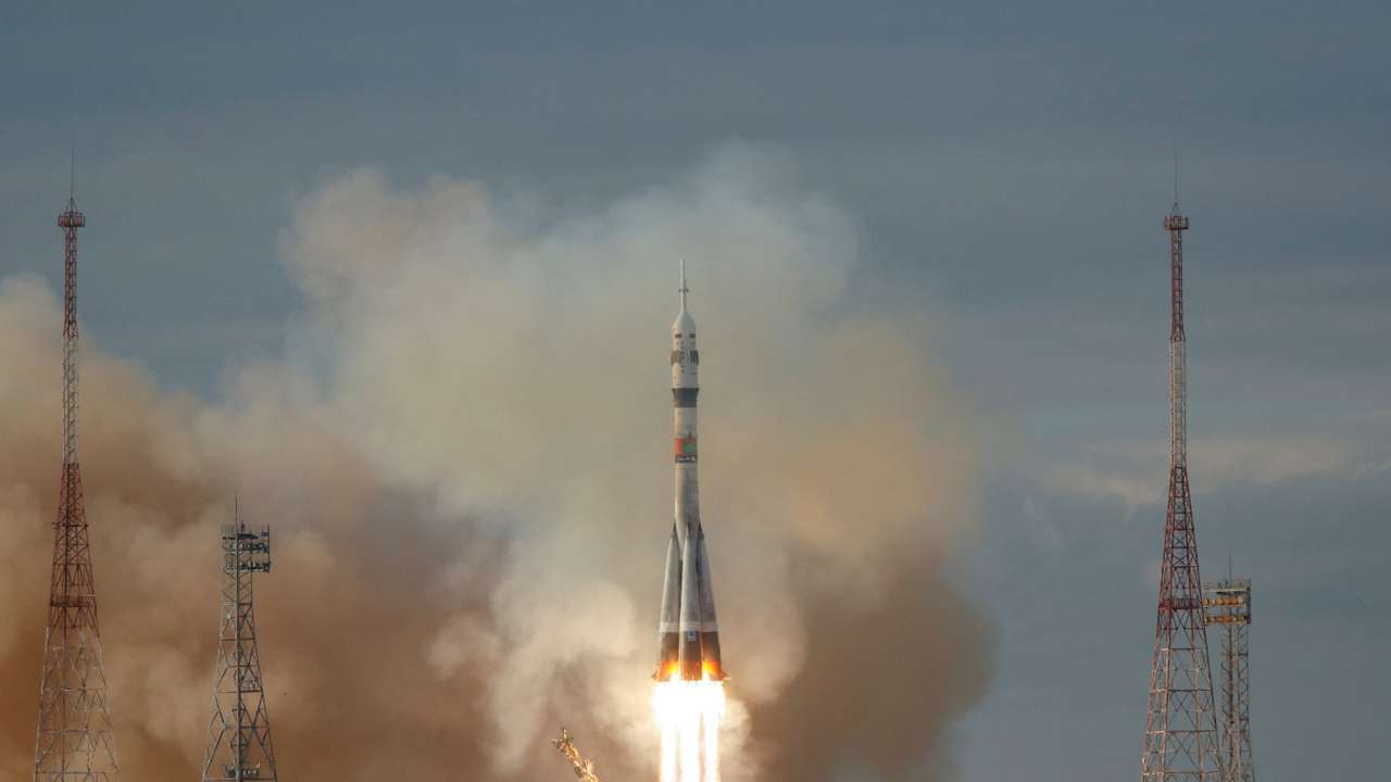 The Soyuz MS-25 spacecraft blasts off to the International Space Station (ISS) from the launchpad at the Baikonur Cosmodrome