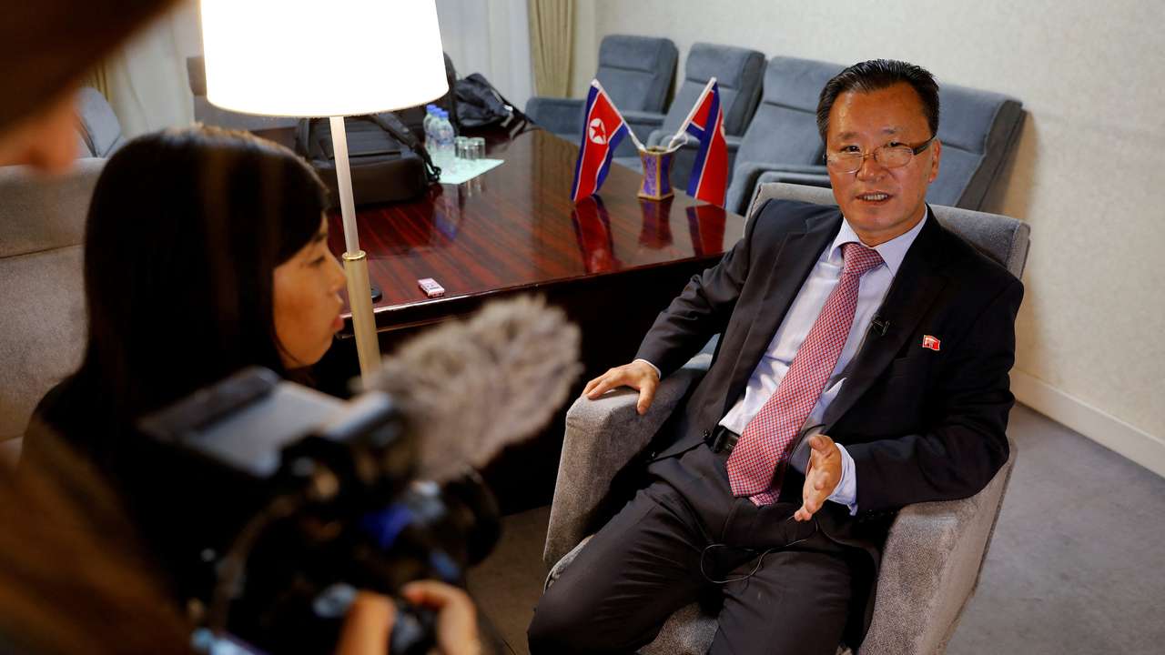 FILE PHOTO: Kim Son Gyong, Director General of European Department of North Korea's Ministry of Foreign Affairs talks to Reuters reporters in Pyongyang