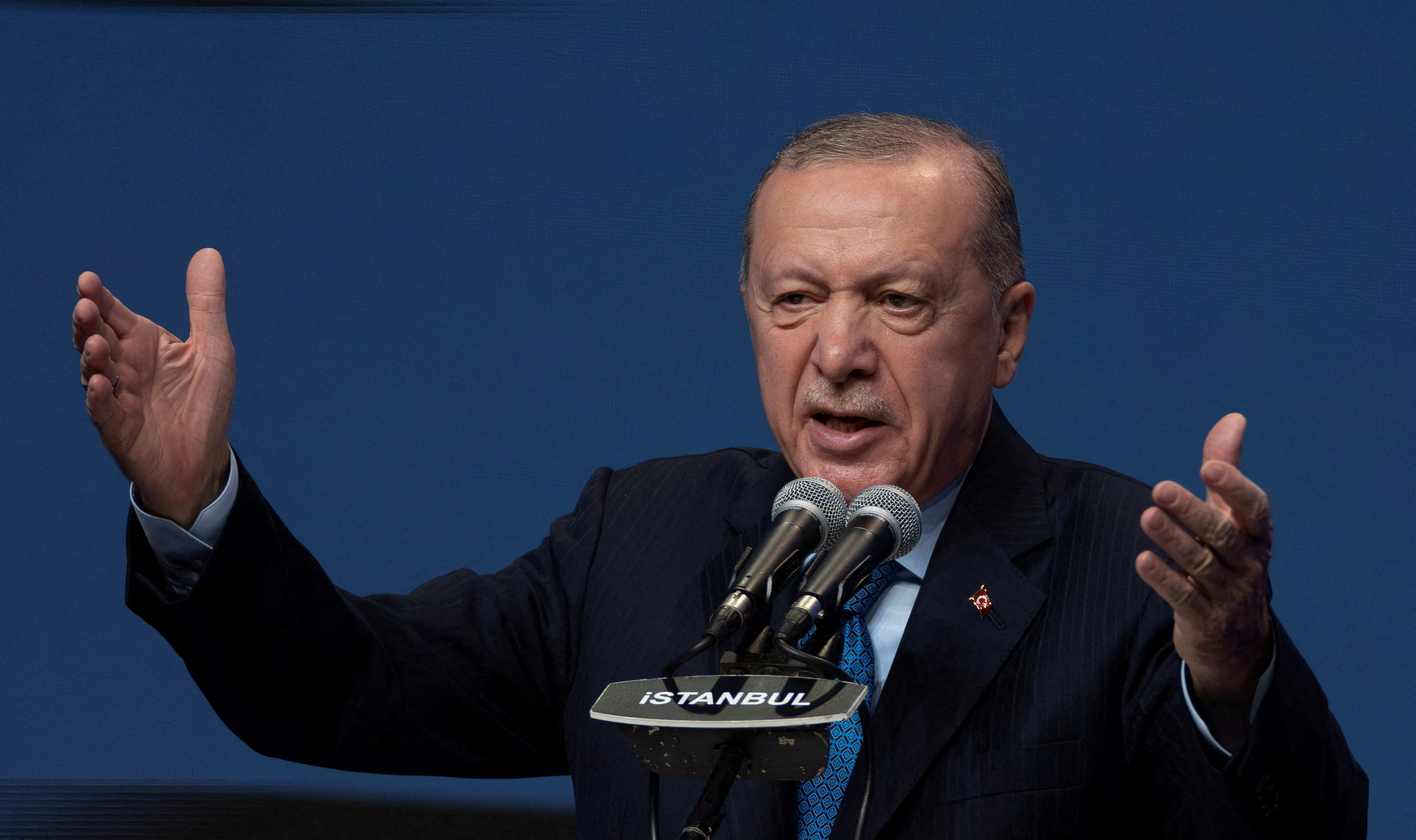 FILE PHOTO: Turkish President Tayyip Erdogan addresses his supporters during a meeting in Istanbul