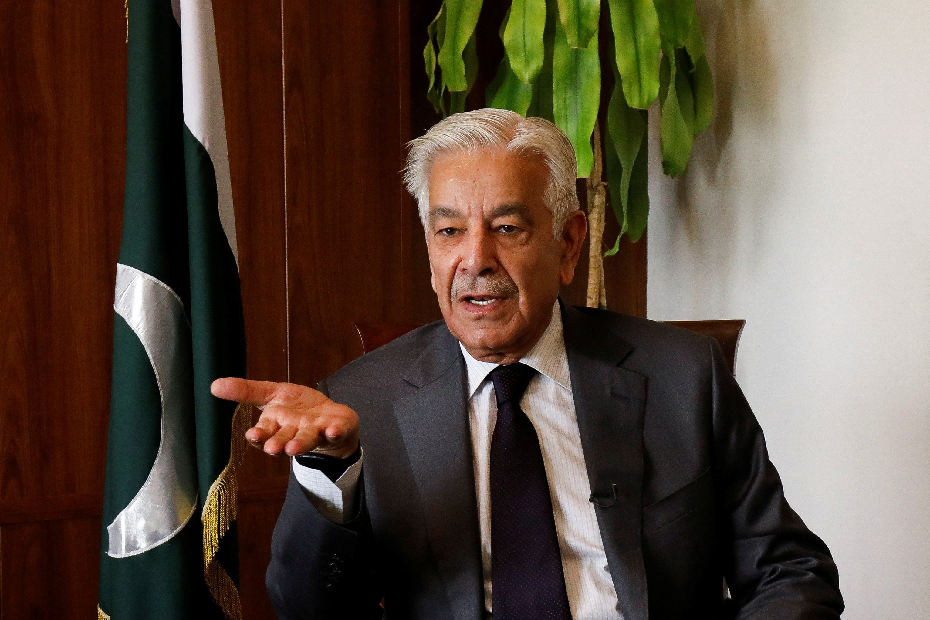 Pakistan's Defence Minister Khawaja Muhammad Asif during an interview with Reuters in Islamabad