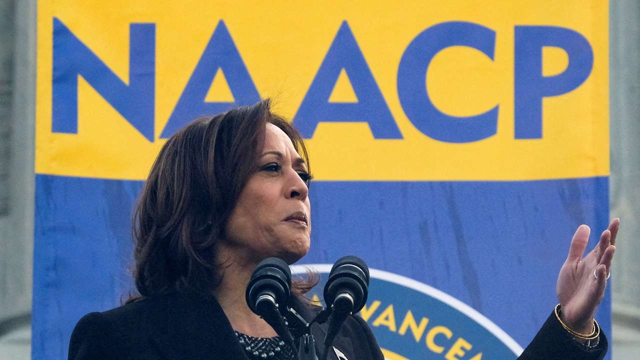 U.S. Vice President Kamala Harris speaks outside the South Carolina State House in Columbia
