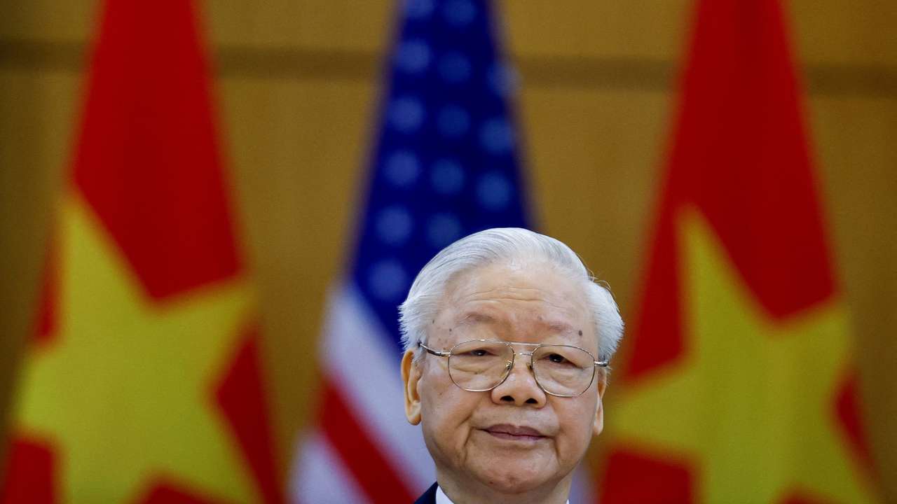 Vietnam's Communist Party General Secretary Nguyen Phu Trong attends a joint statement with U.S. President Joe Biden at the Communist Party of Vietnam Headquarters in Hanoi, Vietnam