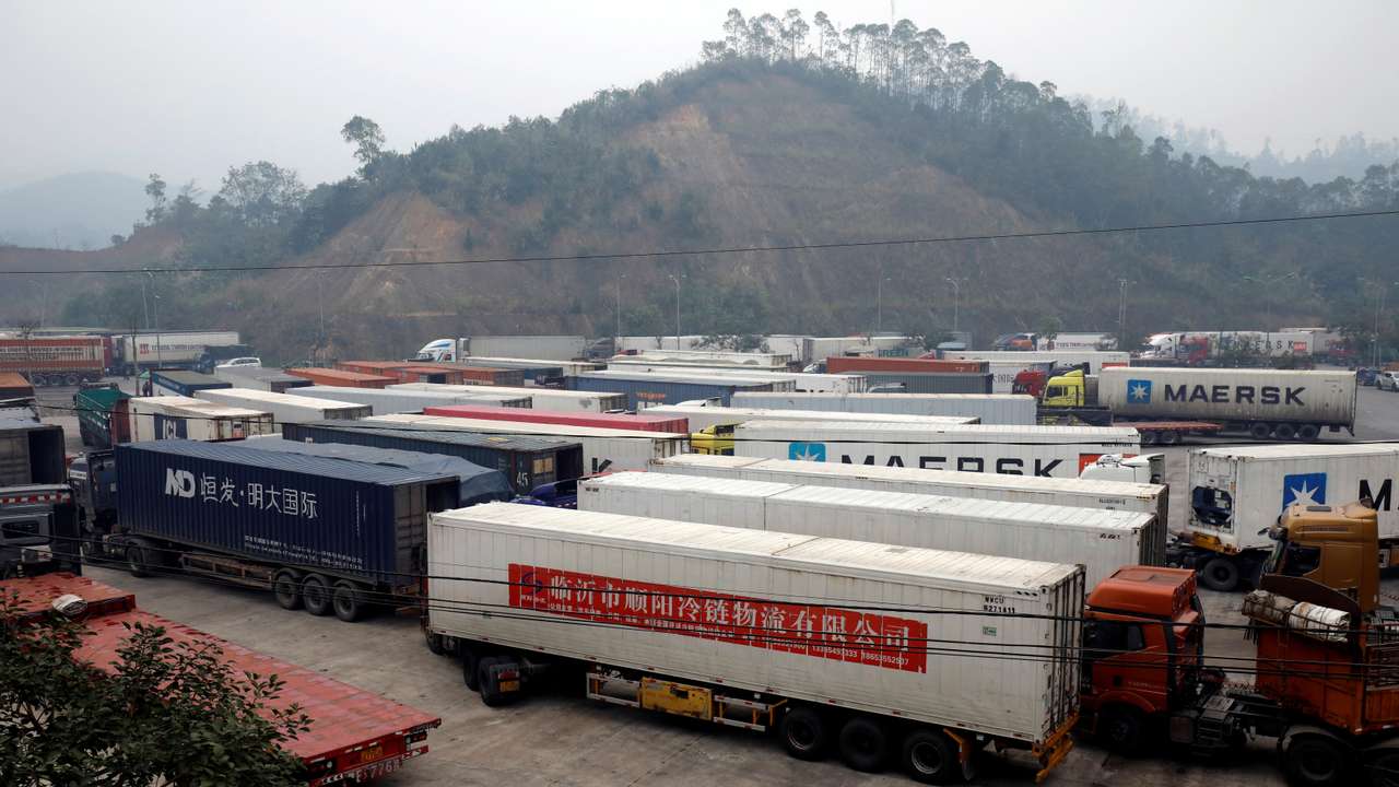FILE PHOTO: Container trucks are seen while waiting for cross the border at Huu Nghi border gate connecting with China, in Lang Son province, Vietnam
