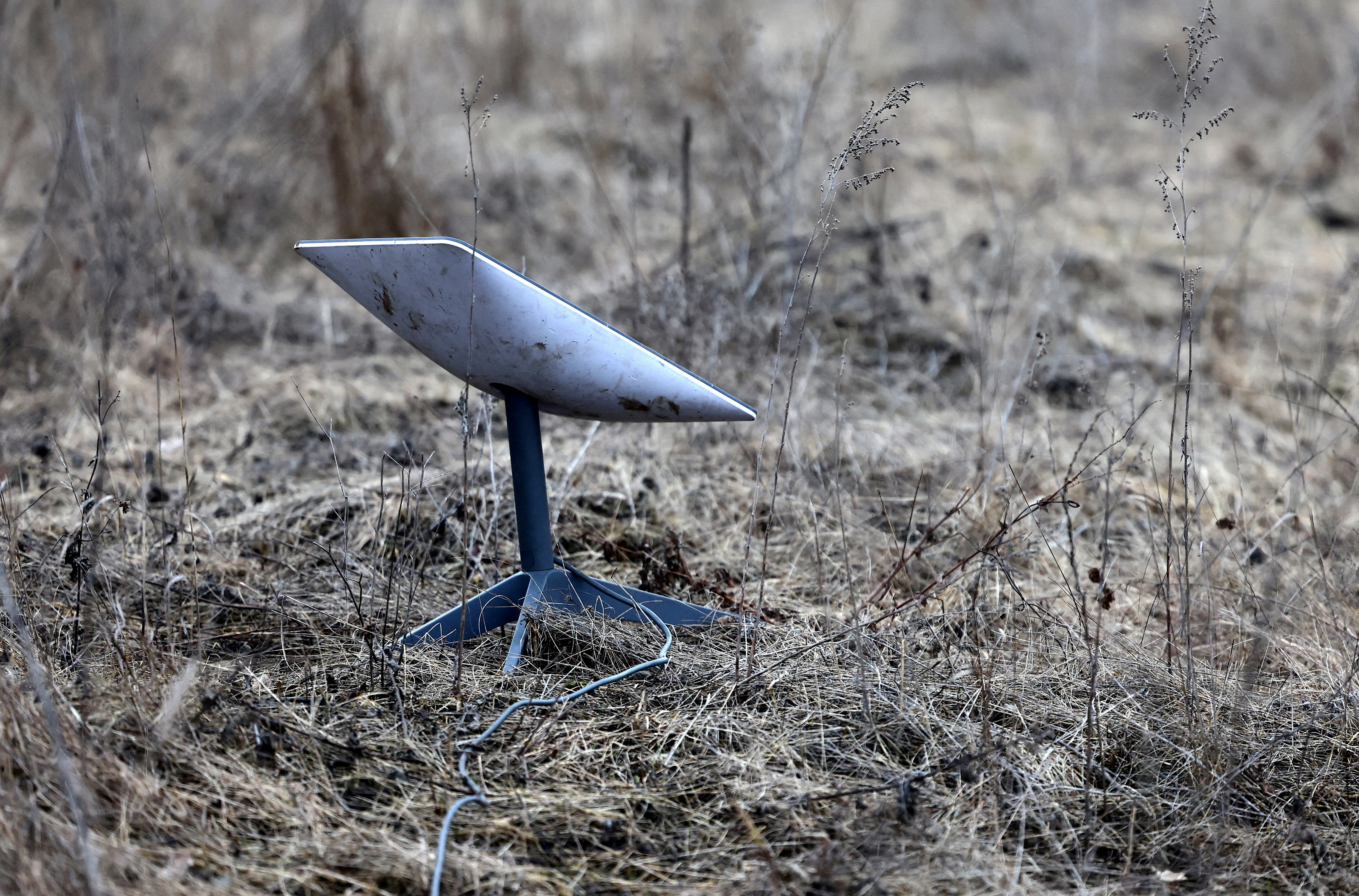 A Starlink satellite internet system is set up near the frontline town of Bakhmut