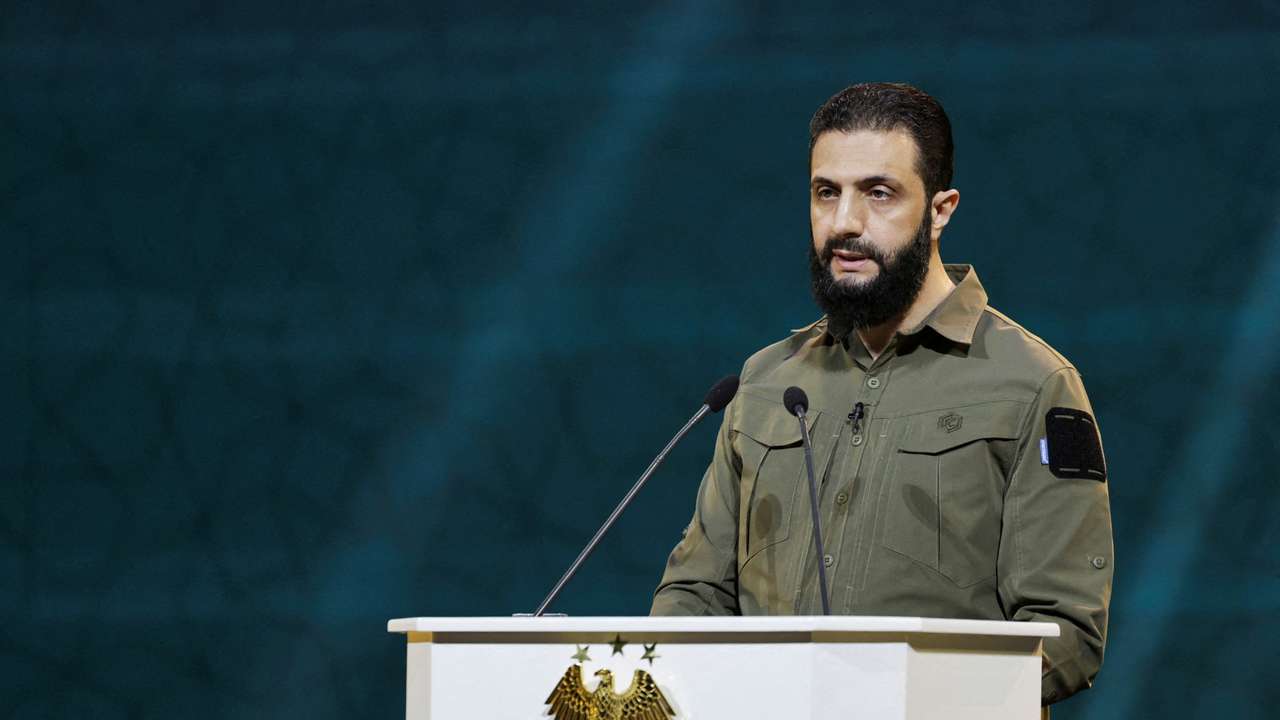 FILE PHOTO: Syria's President Ahmed al-Sharaa delivers a speech on the first anniversary of Bashar al-Assad's fall