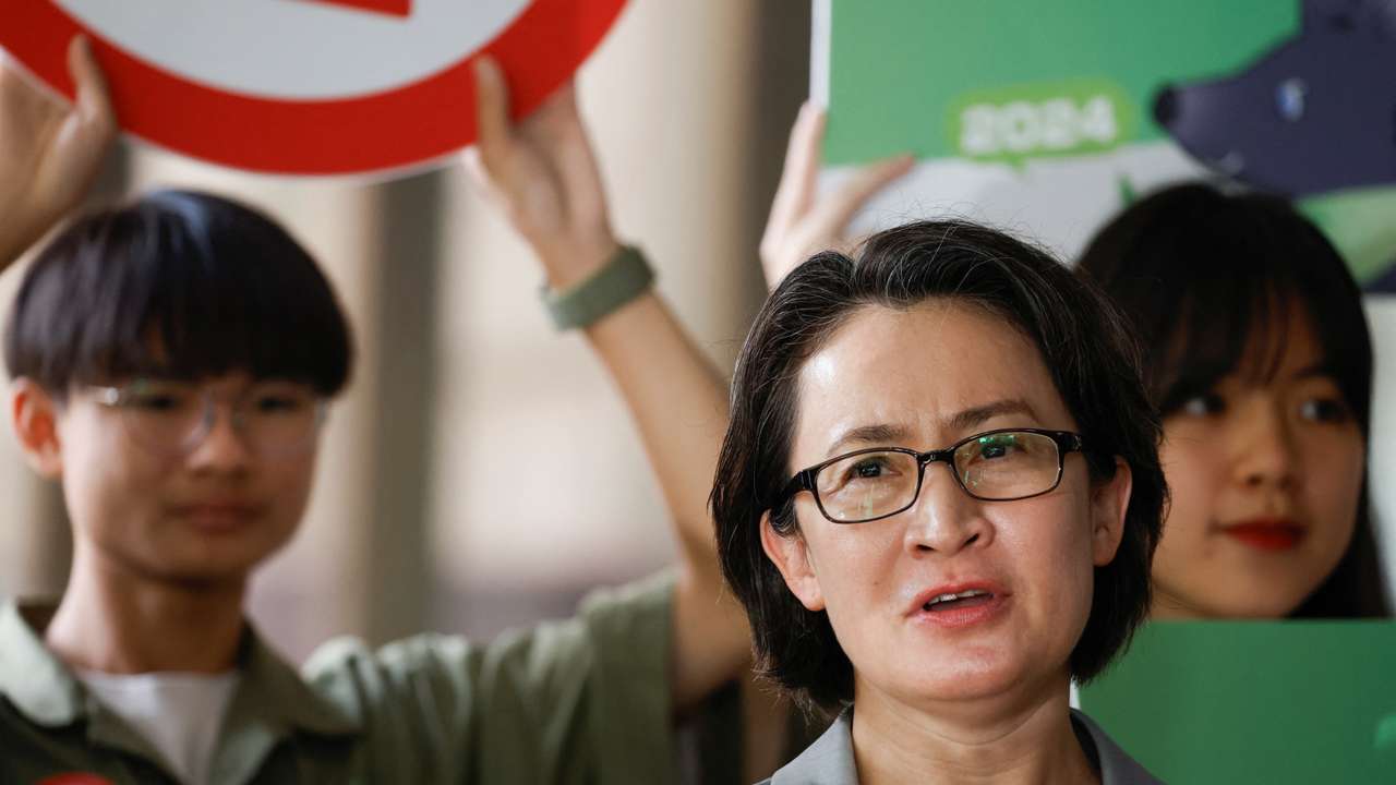 FILE PHOTO: Hsiao Bi-khim, vice president candidate for the ruling Democratic Progressive Party (DPP), talks to the media outside the Central Election Commission in Taipei