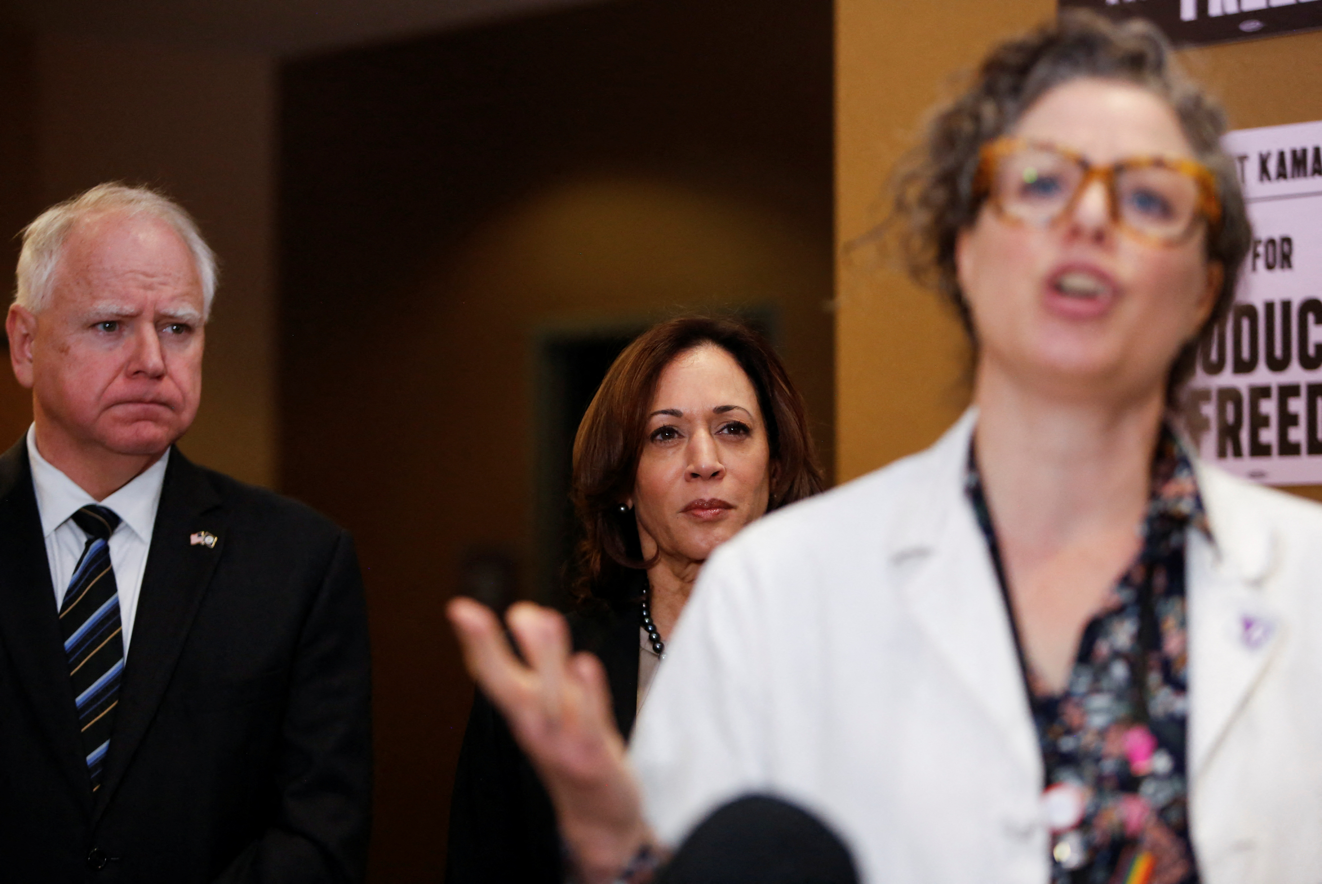 U.S. Vice President Kamala Harris visits a clinic that performs abortions, in St. Paul