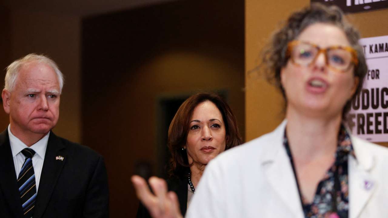 U.S. Vice President Kamala Harris visits a clinic that performs abortions, in St. Paul