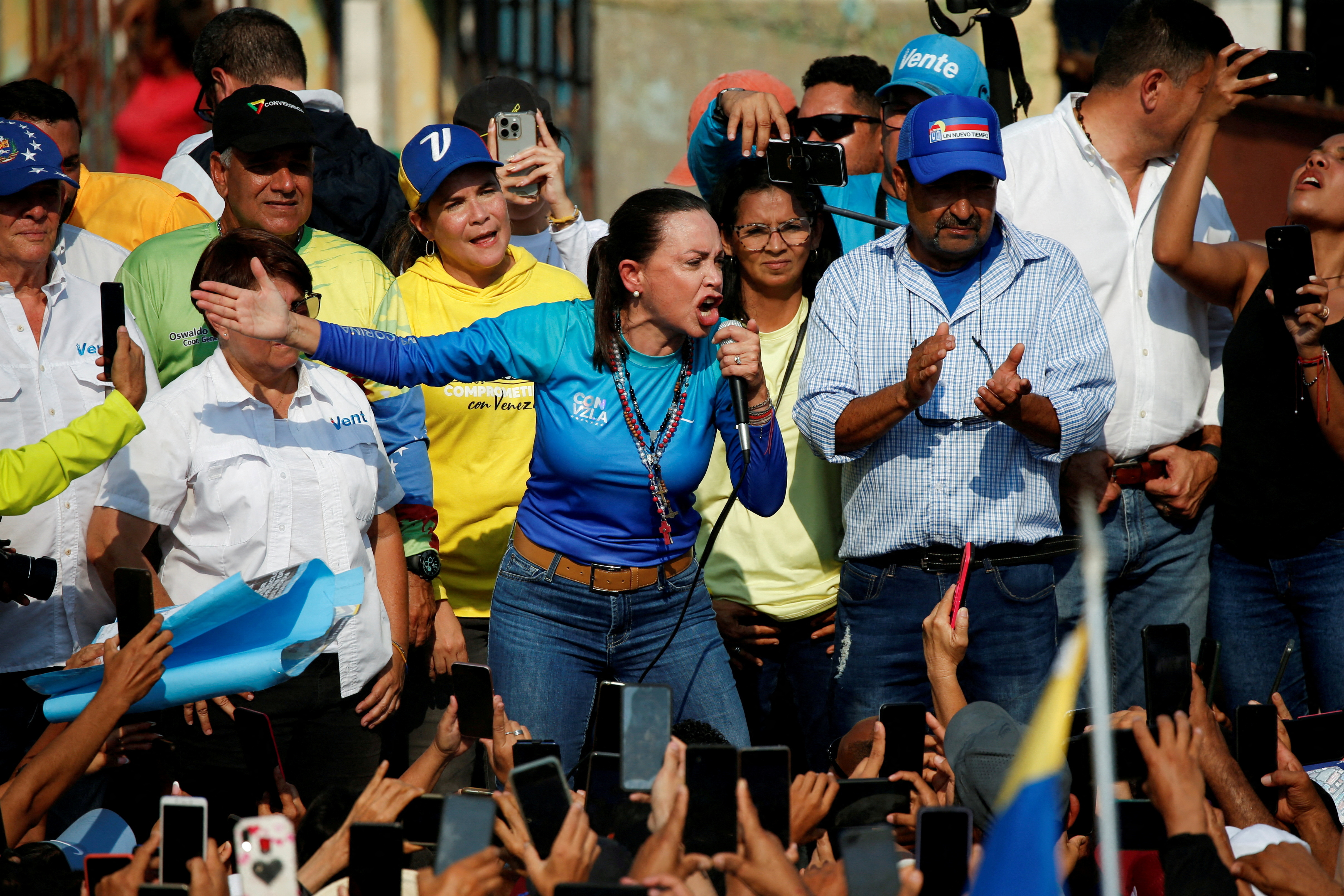 FILE PHOTO: Venezuelan opposition presidential candidate Maria Corina Machado addresses supporters, in Carabobo State